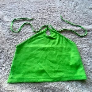 Zara Women’s Crossed Straps Keyhole Halter Crop Top in Lime Green Size M